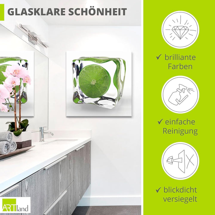 ARTland Glasbilder Wandbild Glas Bild einteilig 40x40 cm Quadratisch Obst Früchte im Eiswürfel Cockt