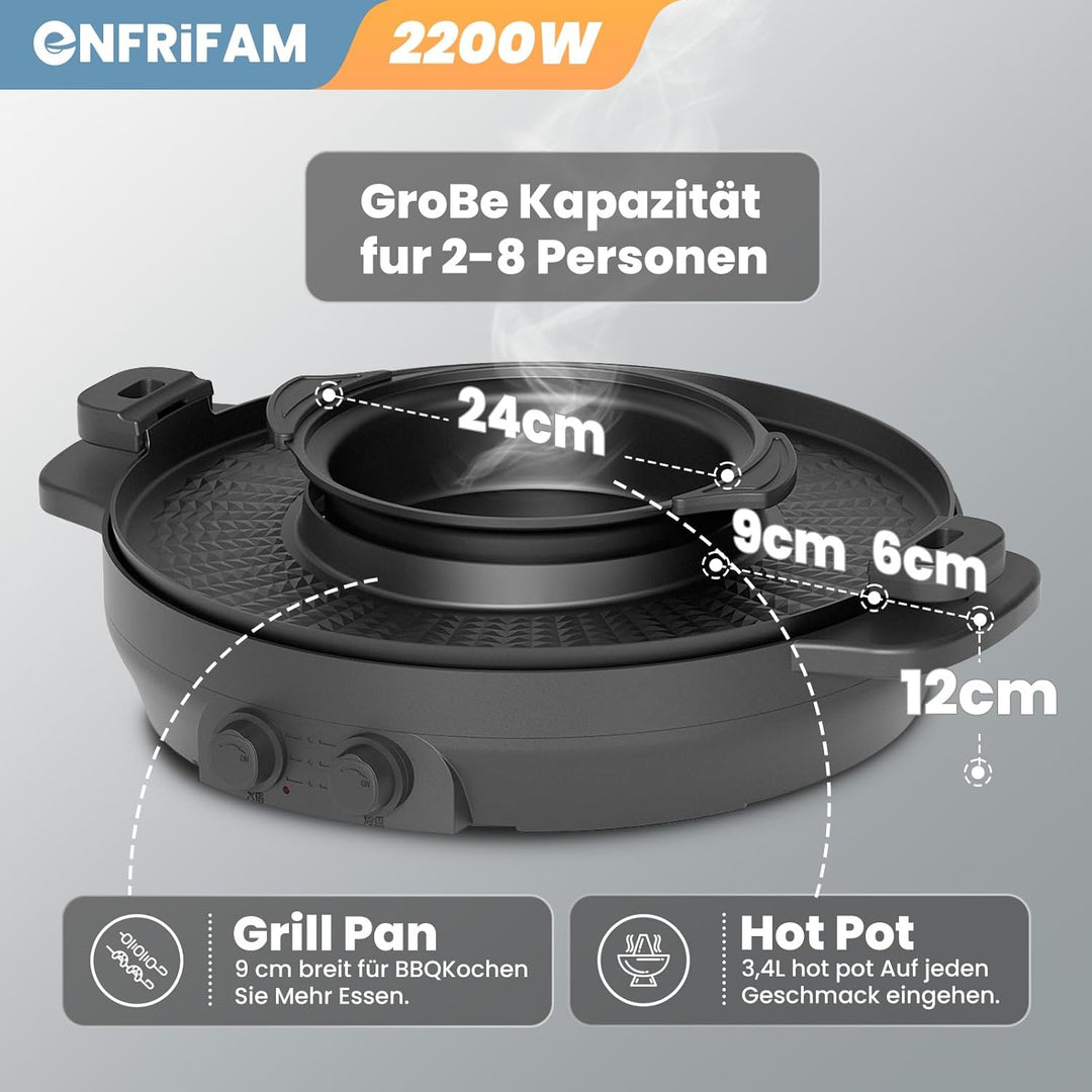 ENFRIFAM 2200W 2 in 1 Multifunktions Elektro Hot Pot und Grill Combo, rauchfreier Split Shabu Shabu