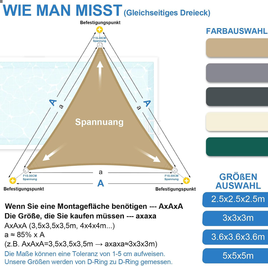 Sonnensegel Dreieck 2,5x2,5x2,5m, Wasserfest Segeltuch 95% UV Schutz, Regenschutz, Sonnenschutz, Pre