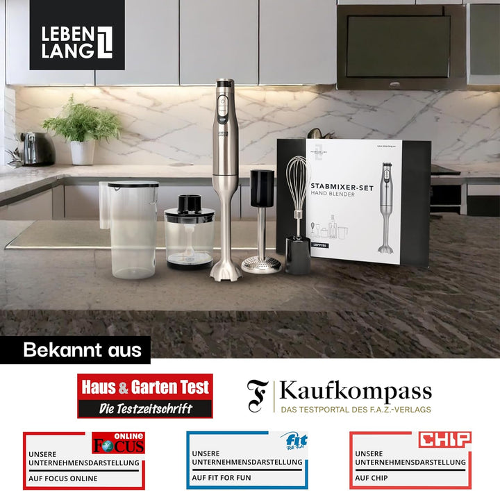 LEBENLANG Premium 1200W Stabmixer Set - Inkl. 5x Zubehör & Spritzschutz I Stufenlos verstellbar & Tu