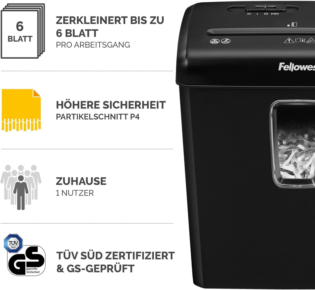 Fellowes Aktenvernichter 6 Blatt Partikelschnitt (P4), TÜV SÜD + GS zertifizierter Papierschredder Z