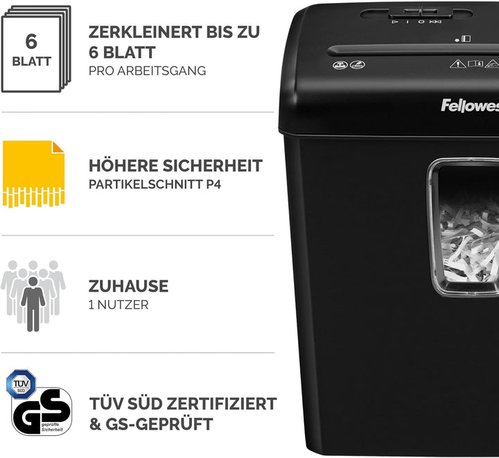 Fellowes Aktenvernichter 6 Blatt Partikelschnitt (P4), TÜV SÜD + GS zertifizierter Papierschredder Z