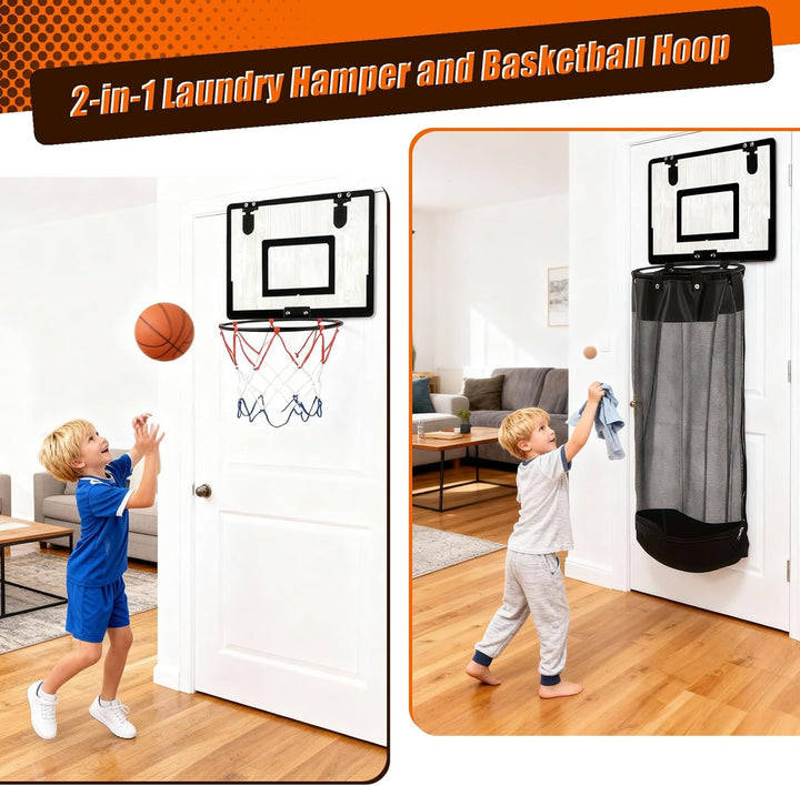2-in-1 Basketballkorb Wäschekorb Hängender Mini Basketball Korb Tür Wäschesammler aus Holz mit Reiss