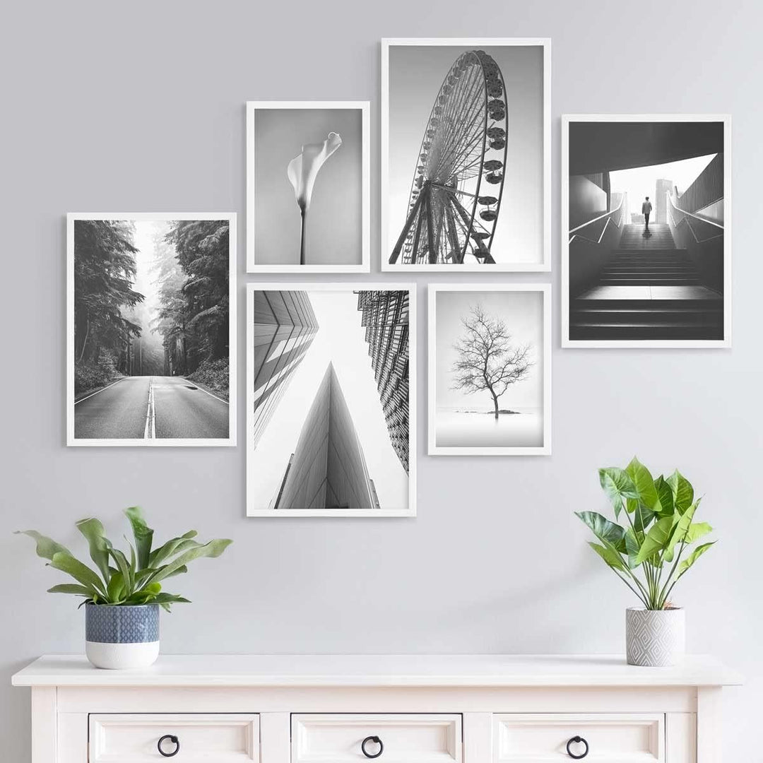 PHOTOLINI weisse Bilderrahmen Set verschiedene Grössen, 6 Bilderrahmen weiss Holz MDF, Bilder Rahmen