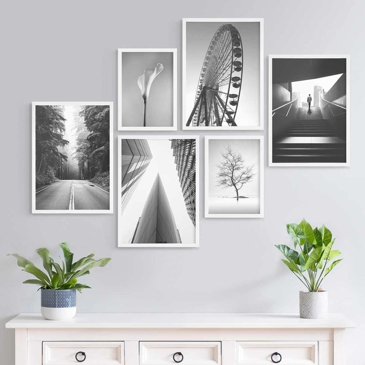 PHOTOLINI weisse Bilderrahmen Set verschiedene Grössen, 6 Bilderrahmen weiss Holz MDF, Bilder Rahmen