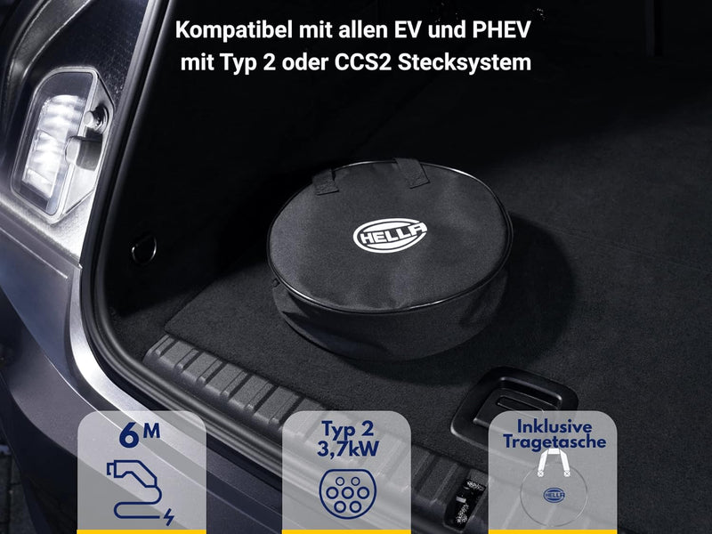 HELLA 8KE 358 255-031 Typ 2 Ladekabel 3.7KW für EV Elektroautos und Plug-in Hybrid - 1phasig - 16A -