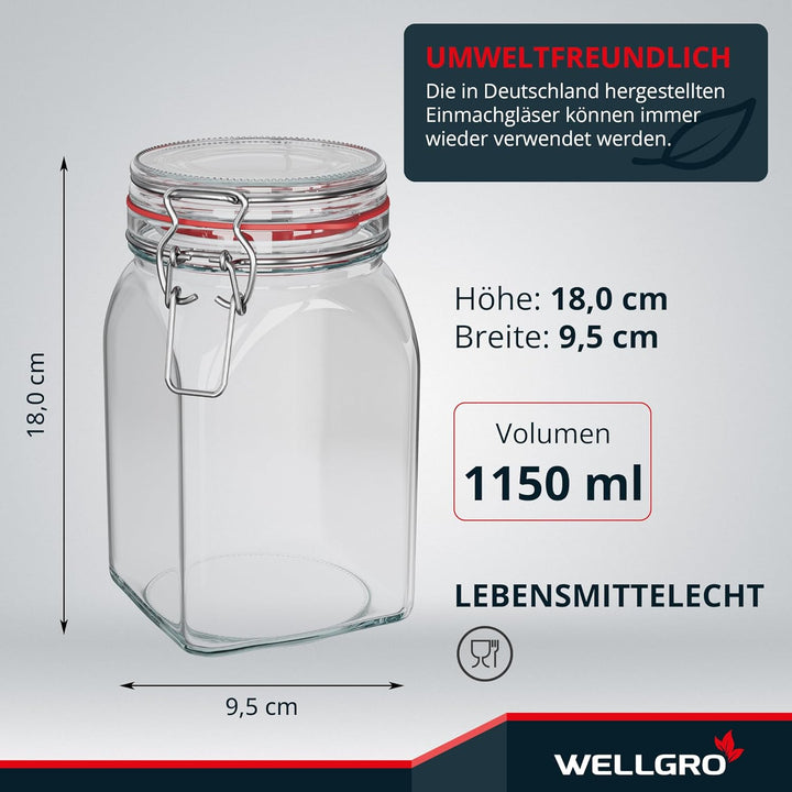 WELLGRO Einmachgläser mit Bügelverschluss eckig, Fermentierglas, Vorratsgläser mit Deckel, Bügelglas