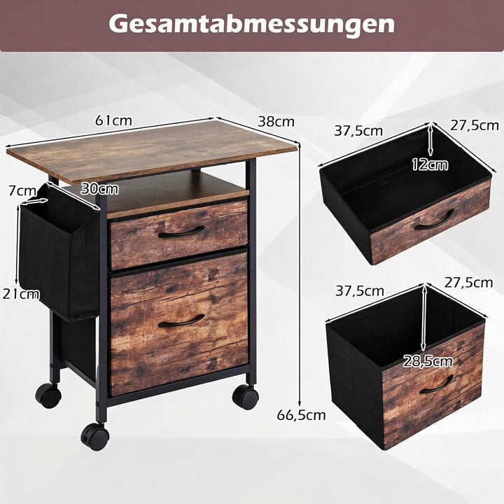 COSTWAY Rollcontainer mit 2 Stoffschubladen &amp; Arbeitsplatte, Vintagebraun