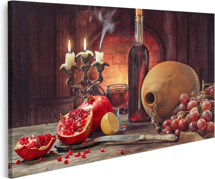 islandburner Bild auf Leinwand Stillleben Rustikaler Stil Obst Granatäpfel Trauben Zitrone Holztisch