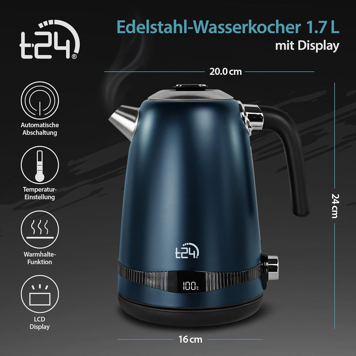 T24 Edelstahl Wasserkocher 1,7 L mit 7 einstellbaren Temperatureinstufen 2200W LCD Display | Kalk-Fi