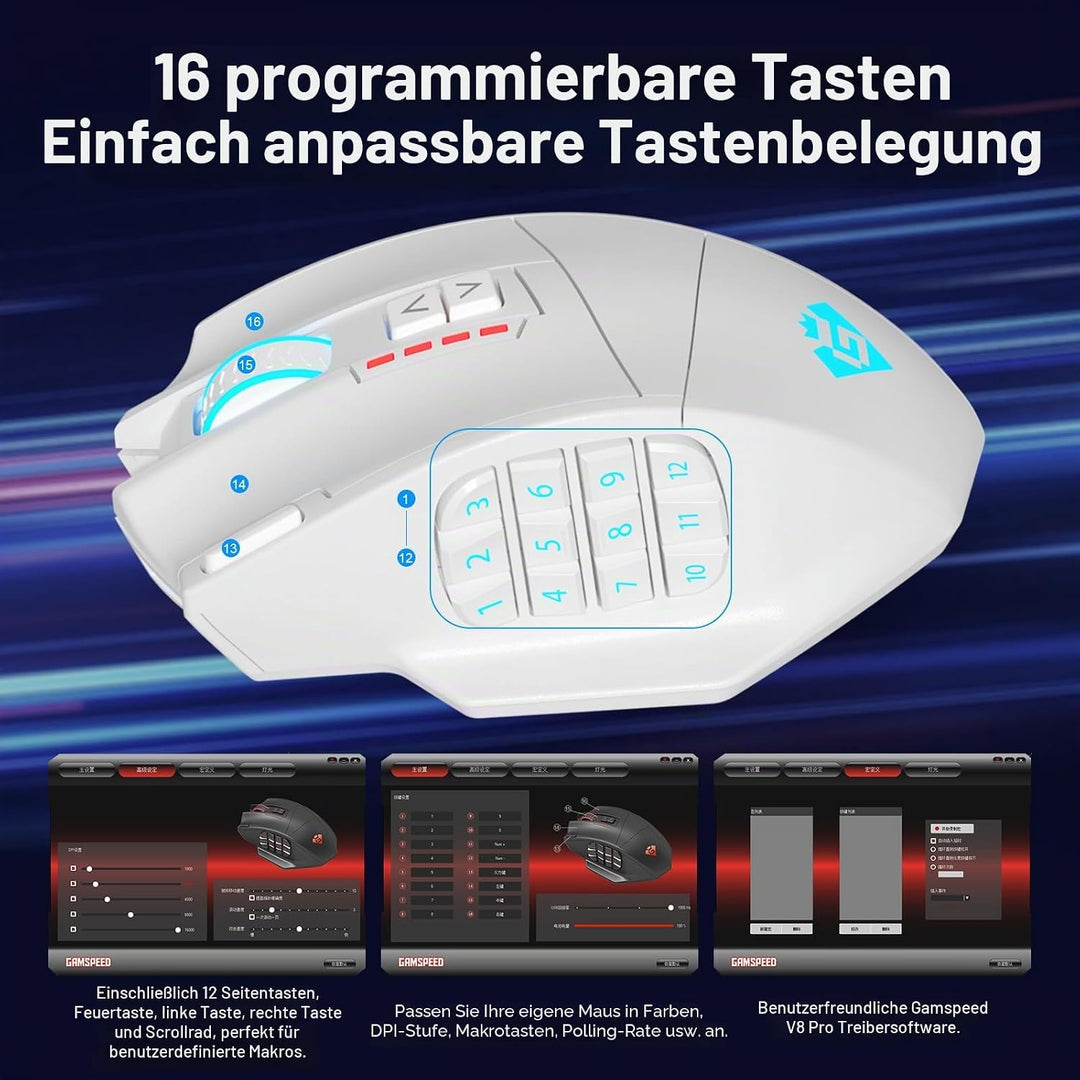 Gamspeed V8 Pro Gaming Maus Kabellos 2,4G, 16000DPI Wired/Wireless RGB MMO Gaming Maus, mit Chroma R