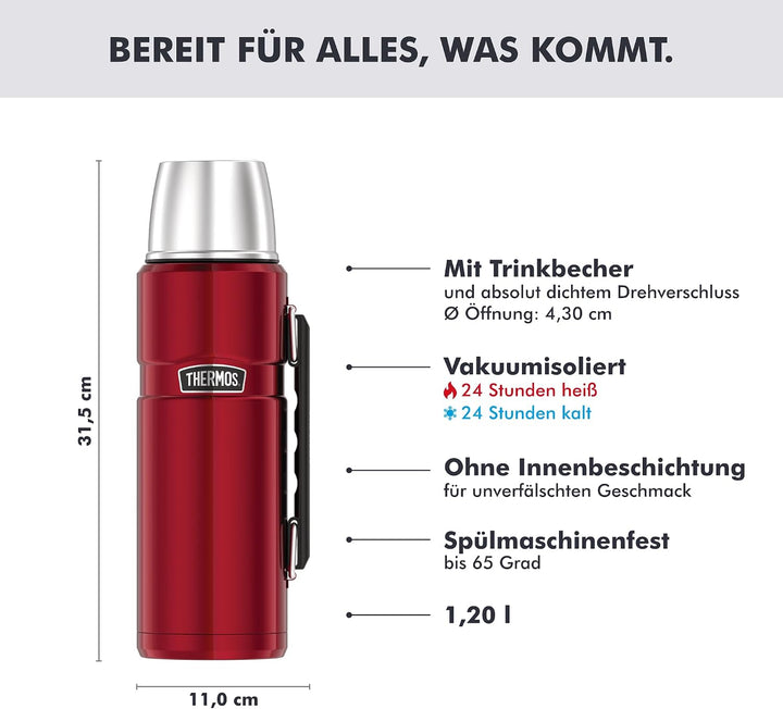 Thermos Stainless King Thermosflasche rot 1,20l - Edelstahl, absolut dicht, mit Trinkbecher und Grif