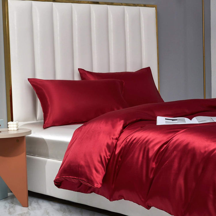 Boqingzhu Satin Bettwäsche Rot 220x240cm King Size Glanzsatin Seide Bettwäsche Set Glatt Bettbezug m