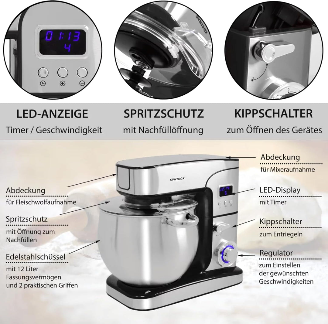 Syntrox Küchenmaschine Schwarz Edelstahl 12 Liter Küchengerät & Fleischwolf, Multi-Funktions-Küchenh