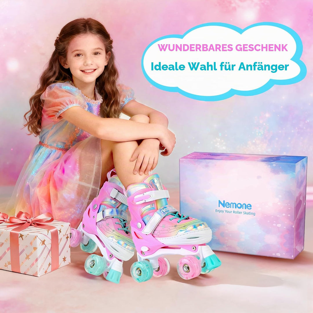 NEMONE Rollschuhe für Mädchen Kinder 4 Grössen Verstellbar Blau Violett Rollschuhe für Kinder Drinne