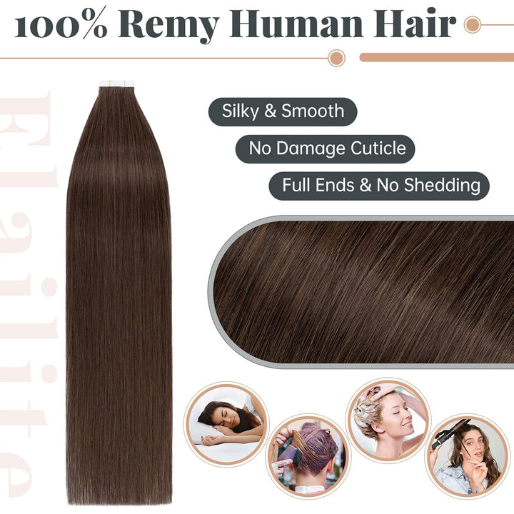 Elailite Echthaar Extensions Tape in #04 Schokobraun 20 stück Invisible Kleber Haarverlängerung Kleb