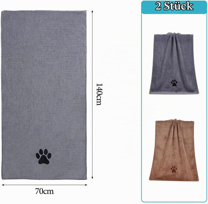Hundehandtuch Set Extra Saugfähig, 2 Stück Mikrofaser Handtuch Hund Grosse Hunde und Katzen, 70x140c
