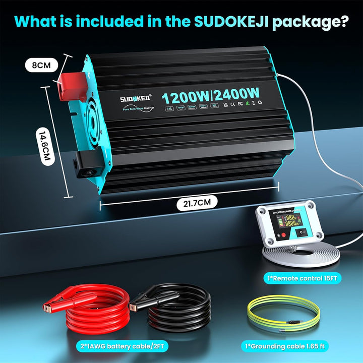 SUDOKEJI 1200W/2400W Wechselrichter Reiner Sinus Spannungswandler 12v auf 230v Power Inverter mit LC
