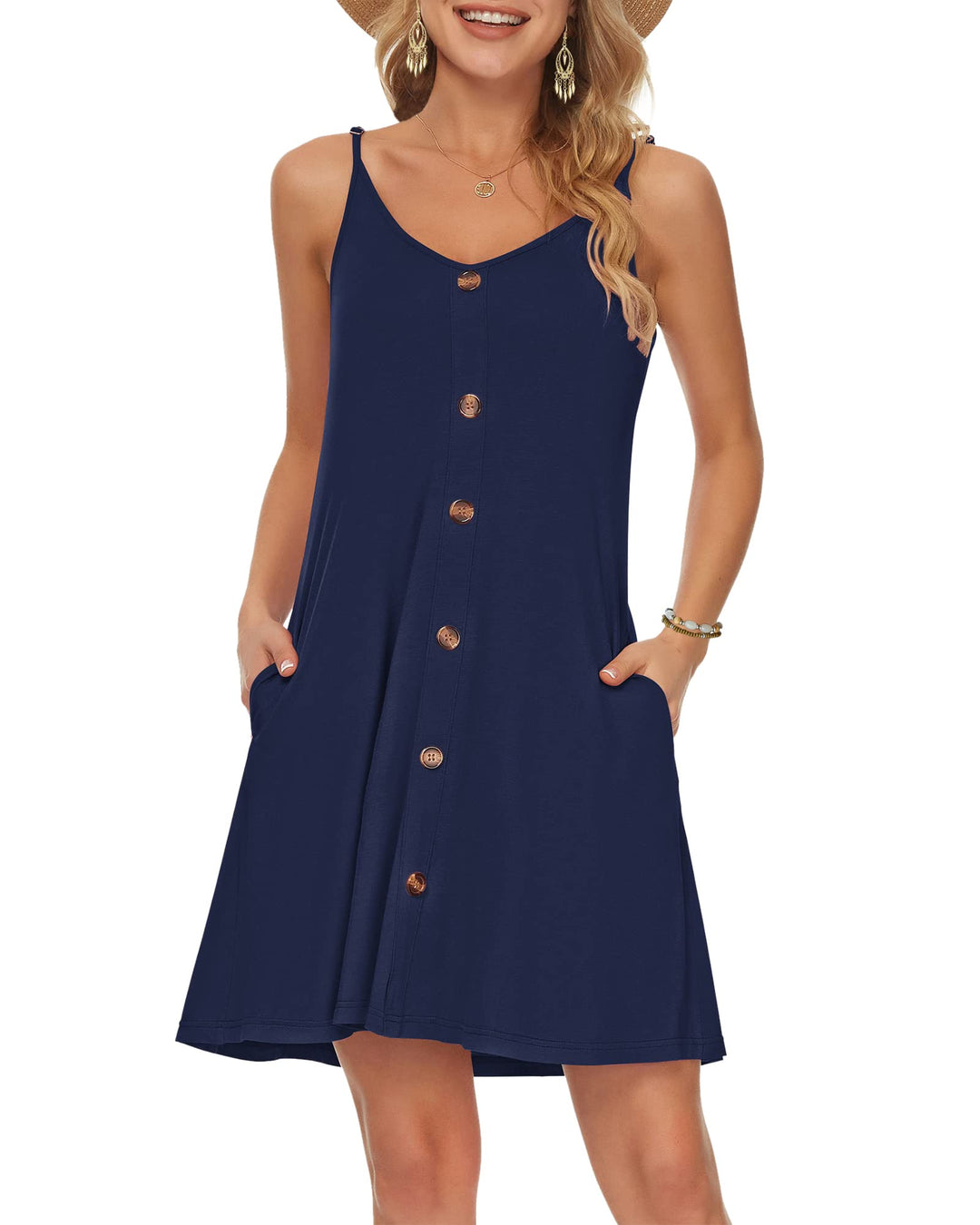 WNEEDU Damen Kleid Sommer Spaghettiträger Sommerkleid Kurze Strandkleider V Ausschnitt Leichte Freiz