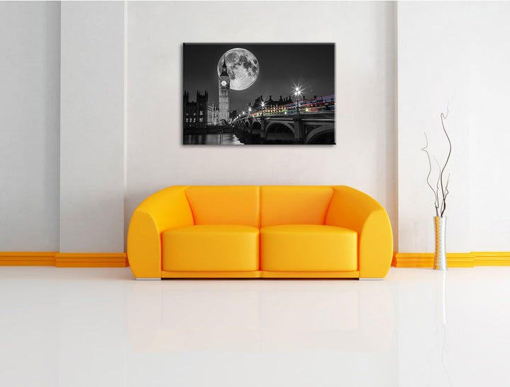 Big Ben vor dem Mond in London schwarz/weiss Format: 100x70 auf Leinwand, XXL riesige Bilder fertig