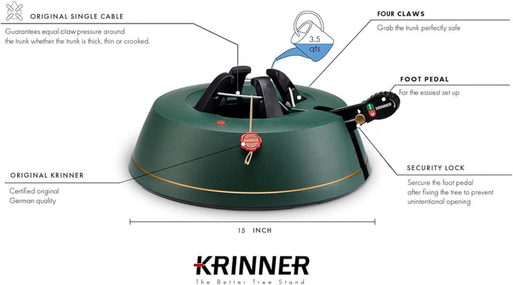 KRINNER Weihnachtsbaum Christbaumständer Comfort S Grün 34cm inkl. Fusspedal- und Einseiltechnik für