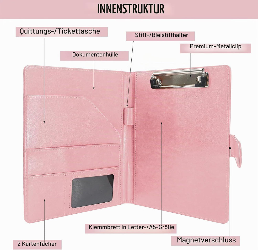 Schreibmappe A5 Klemmbrett Mappe mit Magnetischer Verschluss, organizer büro mappe, Rosa Ordner, Dok