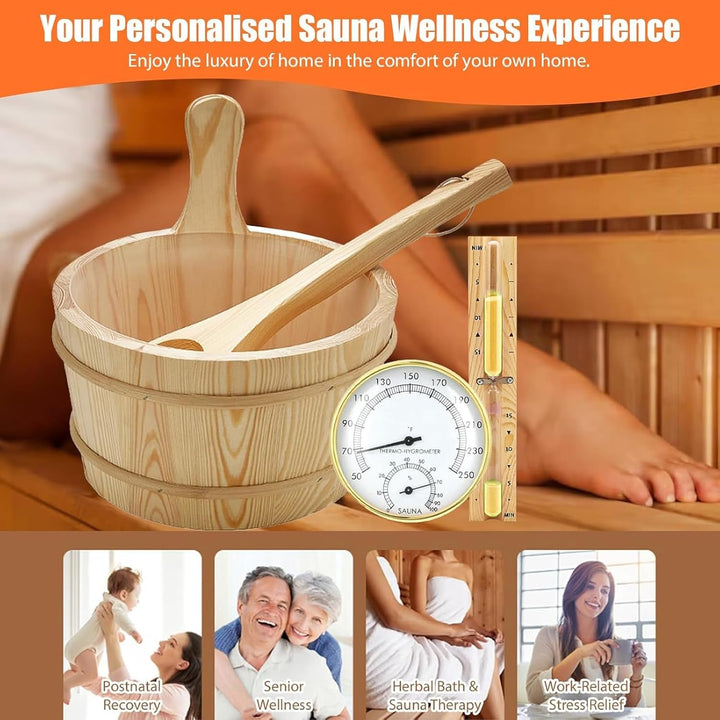 Sauna Eimer Set (4 Liter), Sauna Eimer mit Kelle, Saunakã Bel aus Holz mit Kelle Sanduhr, Thermo, Hy
