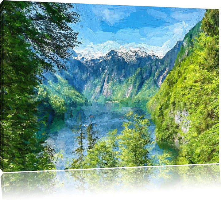 Pixxprint Blick auf den Königssee Kunst als Leinwandbild/Grösse: 100x70 cm/Wandbild/Kunstdruck/ferti