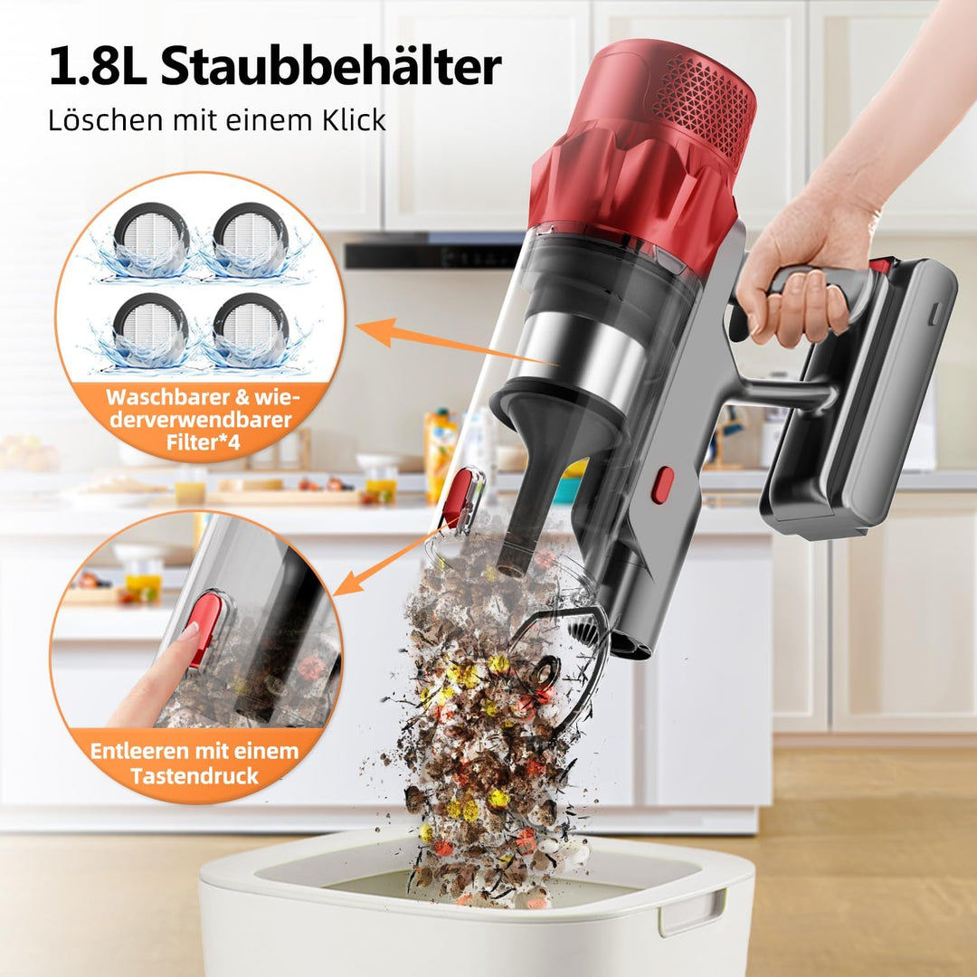 Akku Staubsauger, 65kPa/70Min Staubsauger kabellos, 1.8L Staubbehälter, 8-stufiges Filtersystem, LED