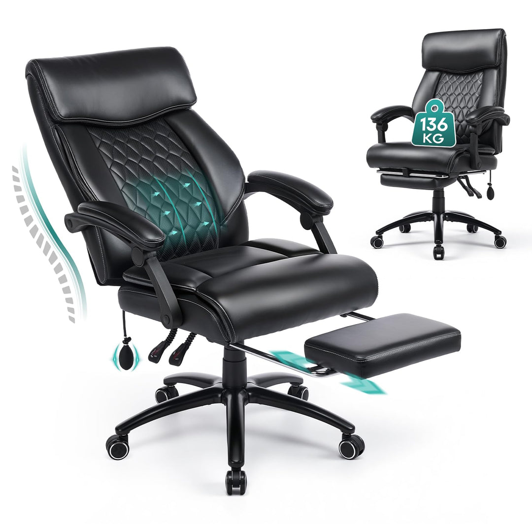 COLAMY Chefsessel Ergonomisch mit Fussstütze, Aufblasbarer Lendenstütze, 117° Kippfunktion, Gepolste