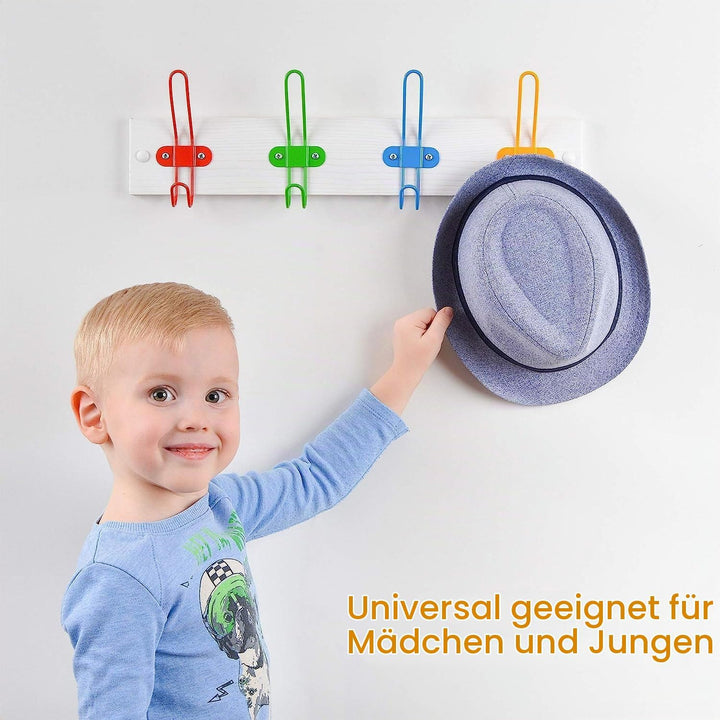 Kleiderhaken - Mattweiss - 4 Metallhaken - 43,5x7,5 cm - Kinderzimmer Garderobe mit Farbigen Haken -