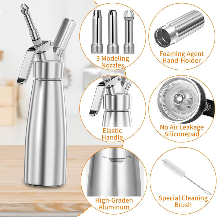 500ml Edelstahl Sahnespender, Sahnesyphon mit 3 Deko-Düsen und 1 Reinigungsbürste, Professioneller S