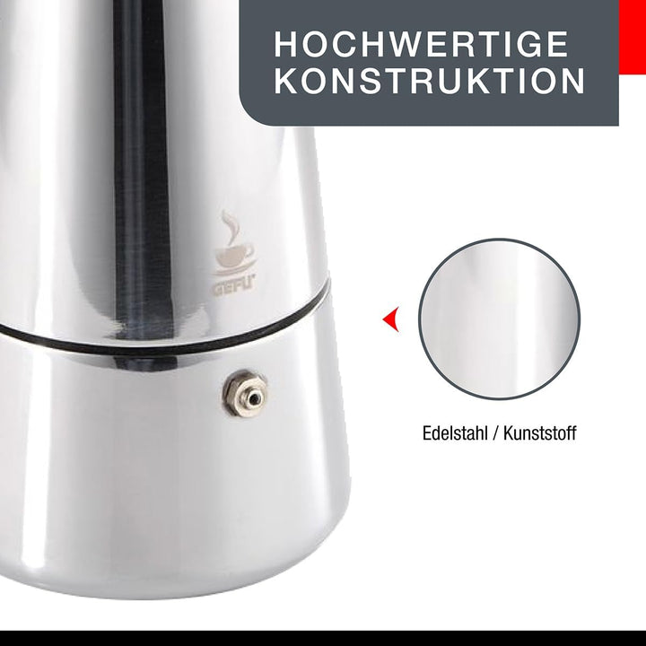 GEFU Espressokocher EMILIO für 4 Tassen | Edelstahl Mokkakanne mit Ausgiessnase | Für Gas, Elektro,