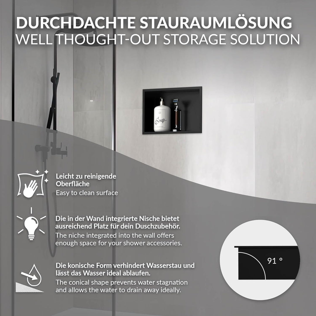 LuxeBath Wandnische aus Edelstahl, 20x30x10 cm, Schwarz, Duschnische mit Rahmen, Einbauregal, Flexib