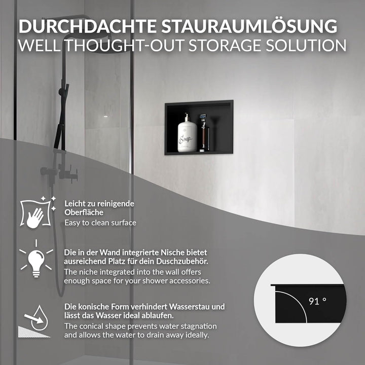 LuxeBath Wandnische aus Edelstahl, 20x30x10 cm, Schwarz, Duschnische mit Rahmen, Einbauregal, Flexib