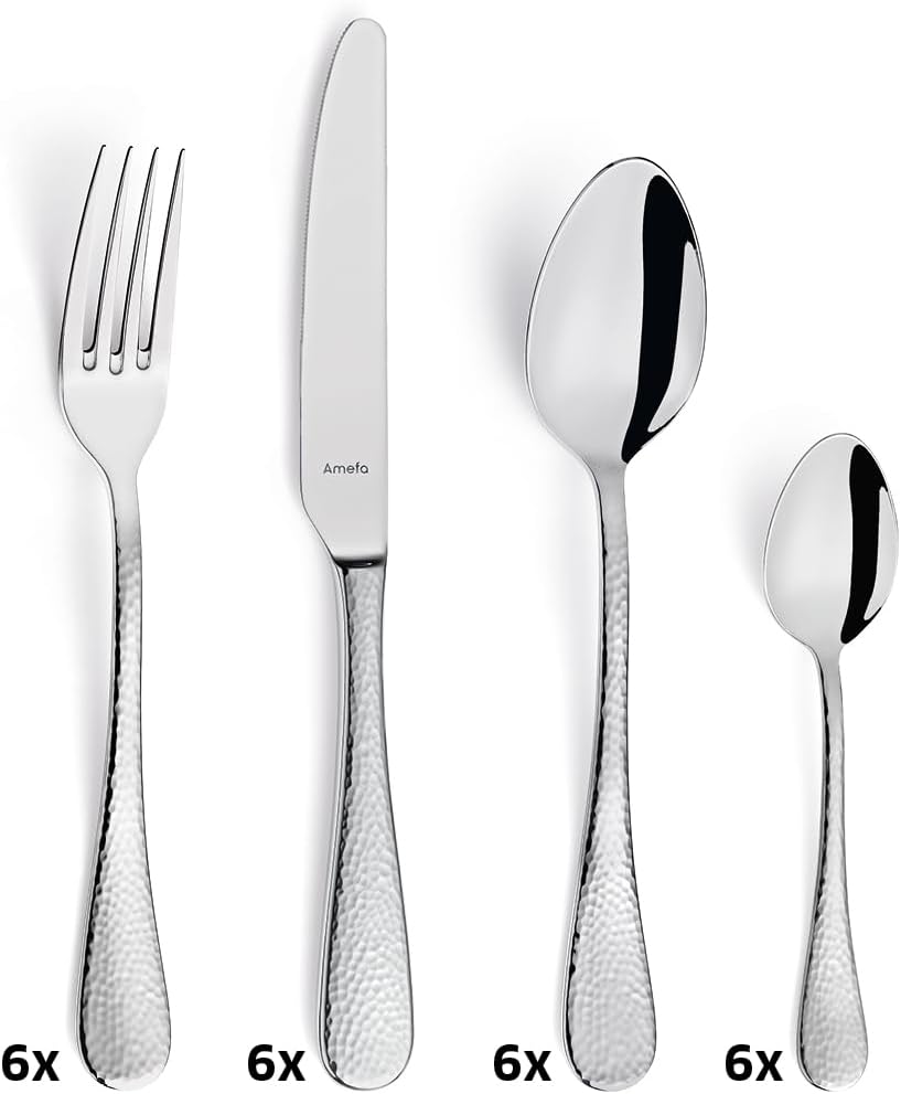 Amefa SIERRA Besteck Set 6 Personen | 24-teilig | Edelstahl 18/10 satiniert | gehämmerte Griffe | Es