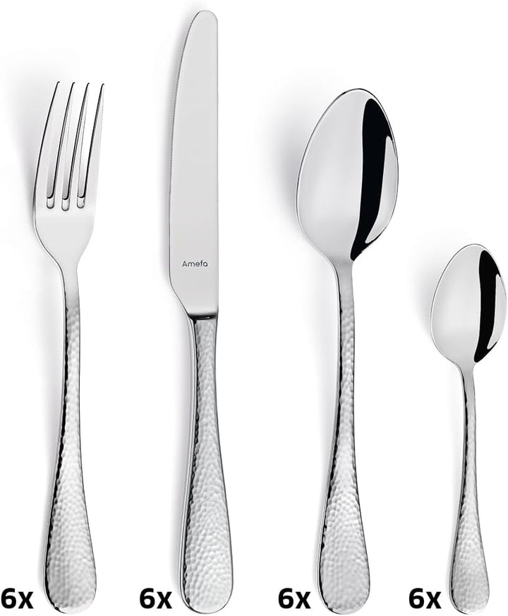 Amefa SIERRA Besteck Set 6 Personen | 24-teilig | Edelstahl 18/10 satiniert | gehämmerte Griffe | Es