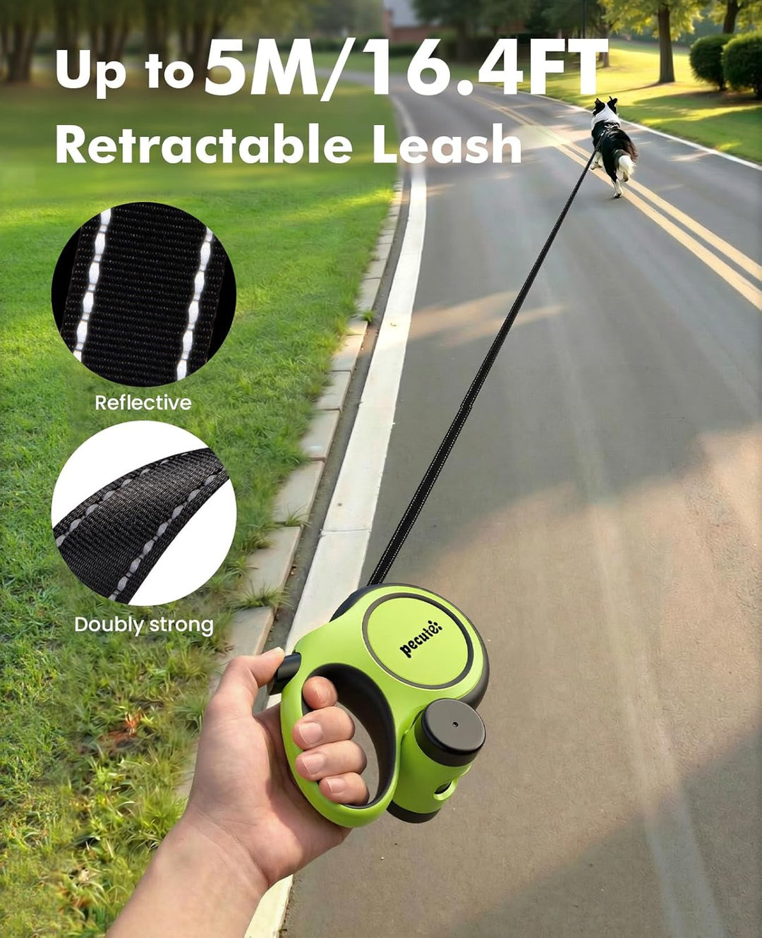 pecute Hundeleine 5m mit Bissfestem Kabel 46cm| Leicht Rollleine Reflektierende für Hund mit Kotbeut