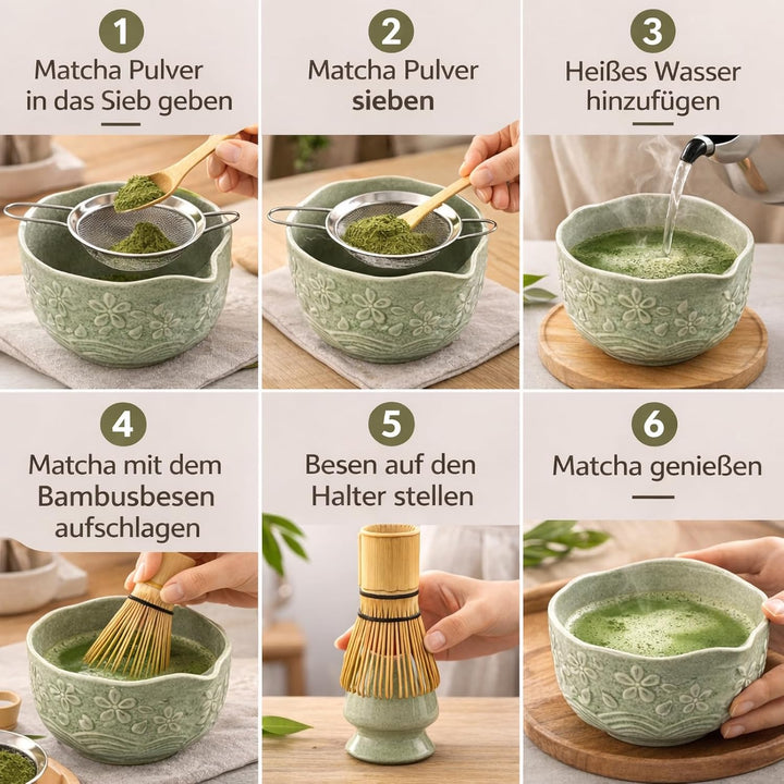 7PCS Matcha Set，500ML Ceramic Matcha Bowl with Spout，Matcha Broom and Holder, Bamboo Scoop, Stainles