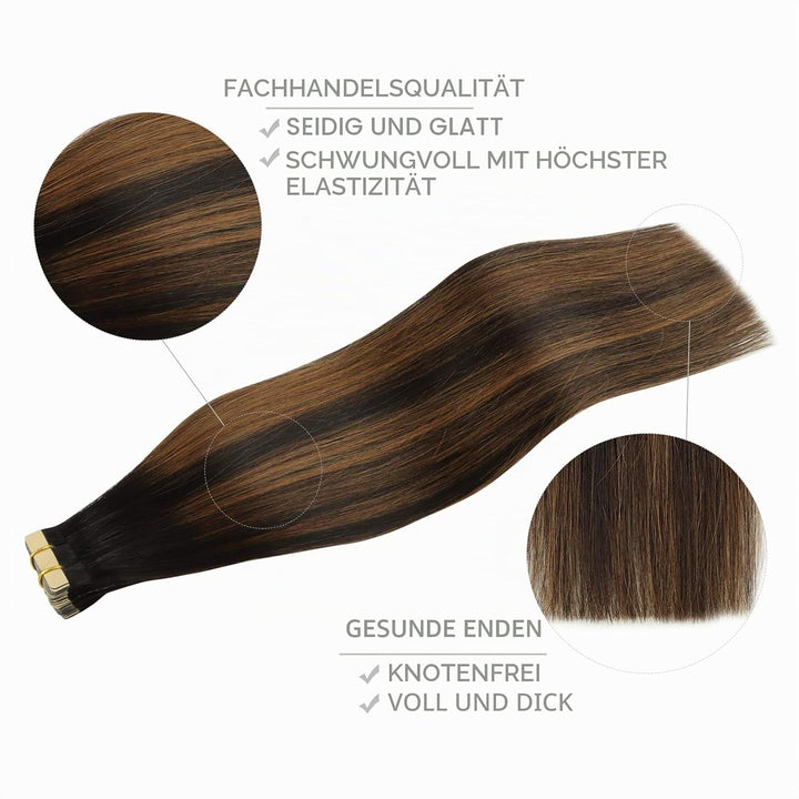 WENNALIFE Tape Extensions Echthaar, 20pcs 50g 60cm 24 Zoll Balayage Natürliches Schwarz bis Chestnut