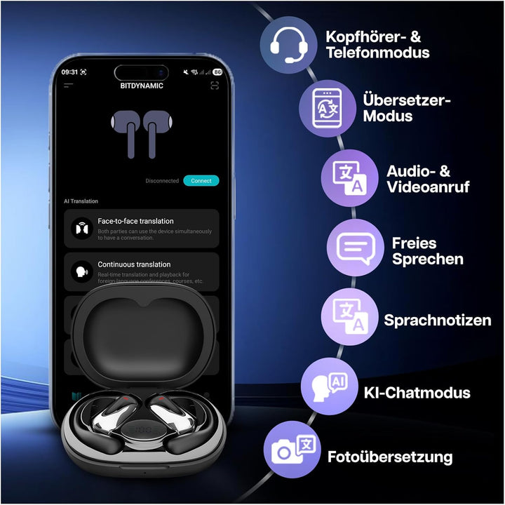 MMOBIEL KI Übersetzer Ohrhörer Echtzeit 148 Sprachen mit App (Android & iOS) –Bluetooth 5.1 Open-Ear