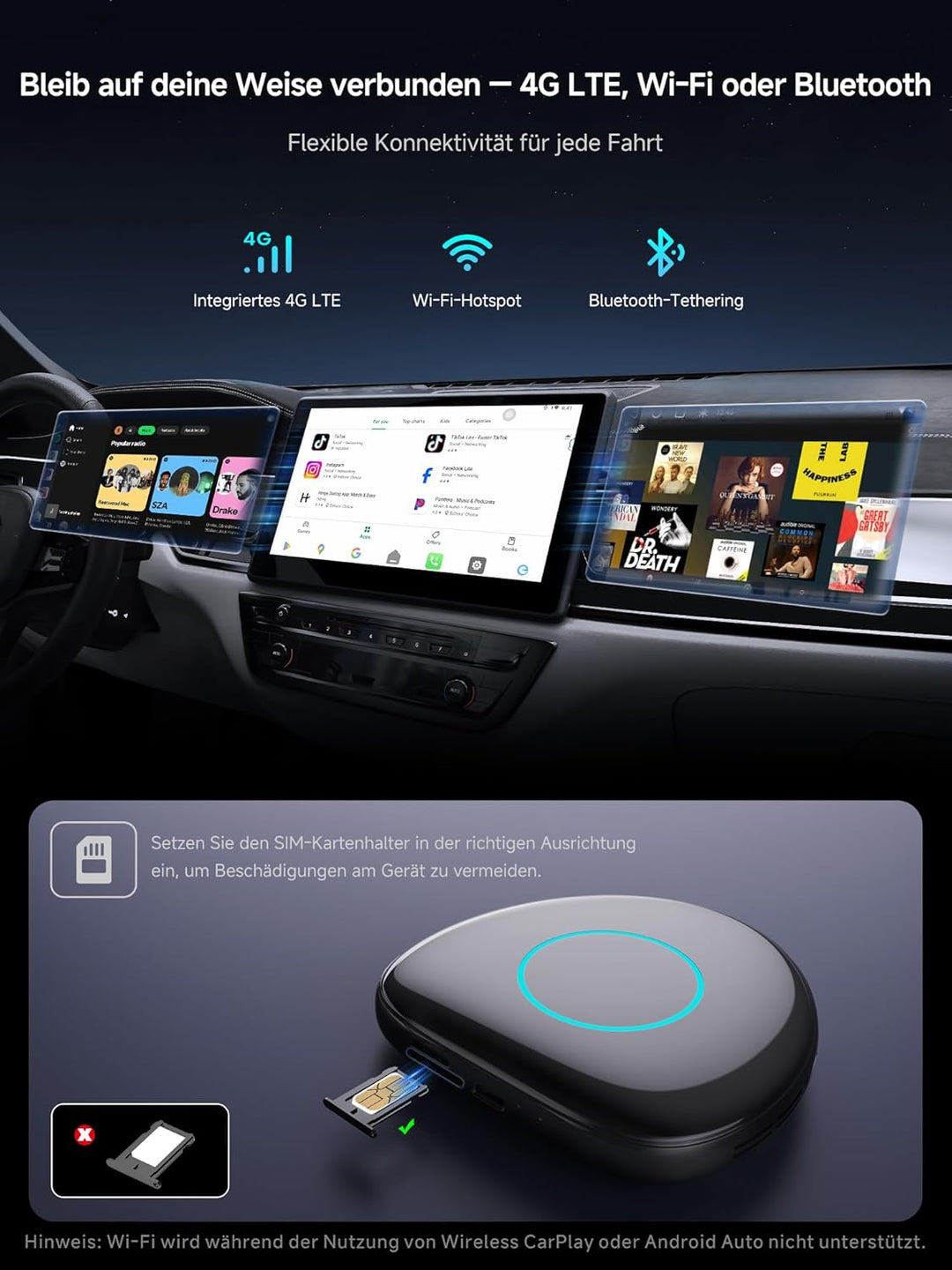 AI Box CarPlay Wireless Adapter & Android Auto Wireless Adapter mit Integriertem 4G, Wi-Fi, Dual BT,