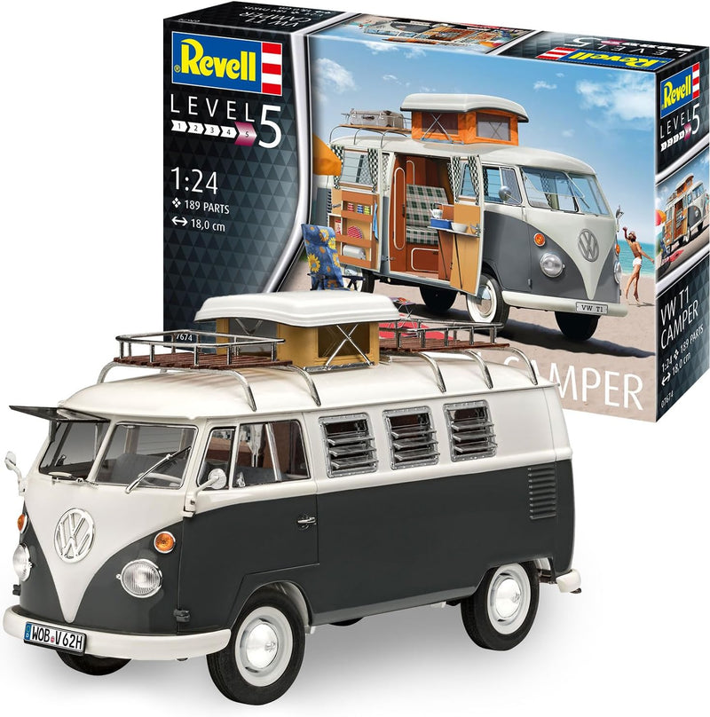 Revell 7674 Volkswagen VW T1 Bulli Camper, Campingbus zum Selberbauen 1:24, 18 cm Zubehör,