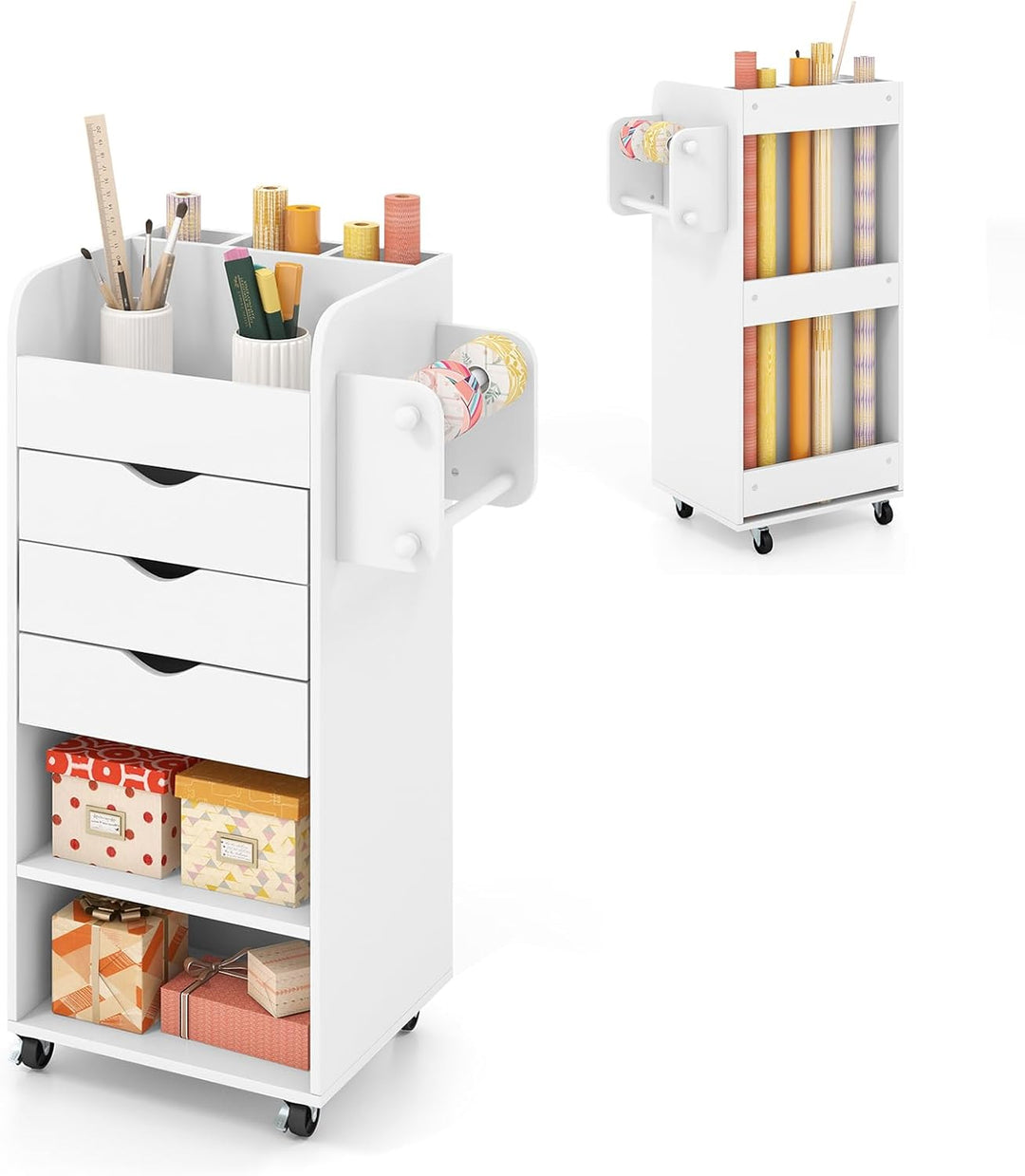 COSTWAY Rollcontainer mit 3 Schubladen, Bastelwagen mit 2 Rollstangen & 3 Fächern, Schubladenschrank