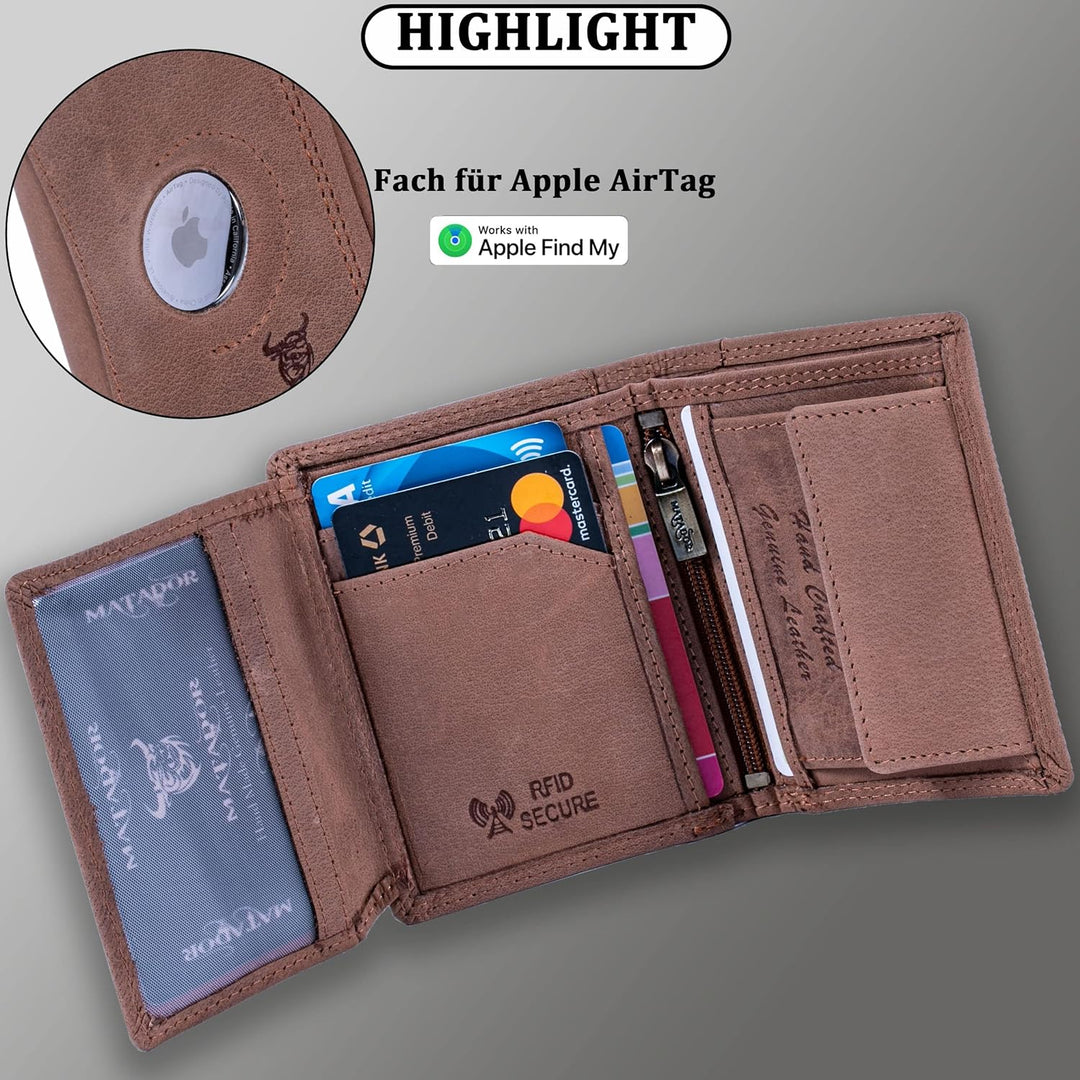 MATADOR Leder Geldbörse Herren mit AirTag Fach┃TüV geprüfter RFID & NFC Schutz┃Kompaktes Slim Wallet