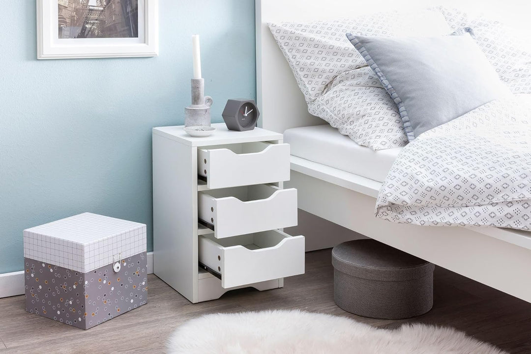 Wohnling Nachtkonsole WL5.704 31x49x31 cm Weiss Matt mit 3 Schubladen | Weisse Nachtkommode mit Stau