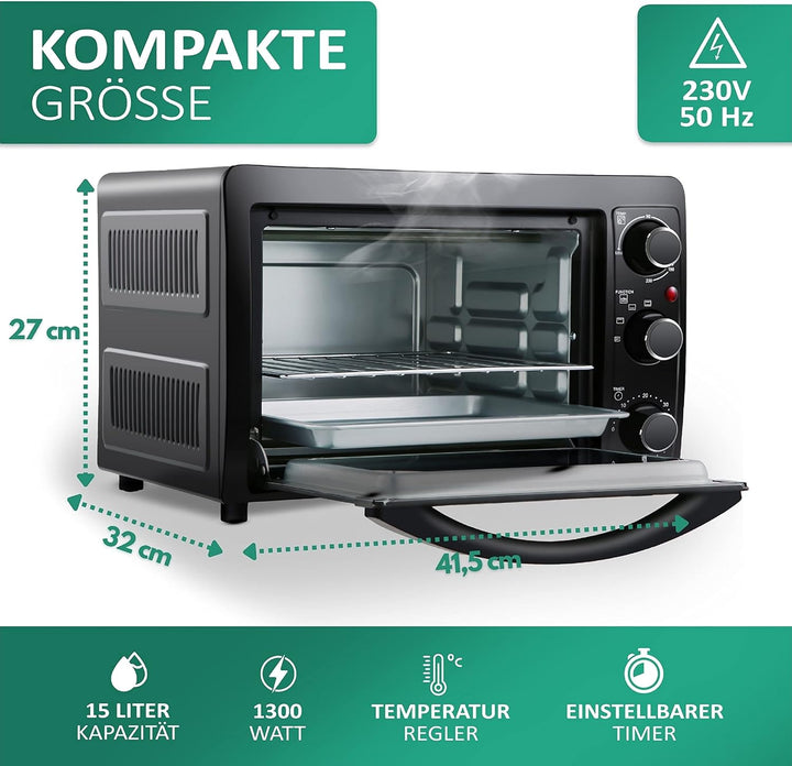 Mini Backofen 15 Liter Pizza-Ofen 3in1 Backofen Minibackofen Miniofen Krümelblech Ober-/Unterhitze E
