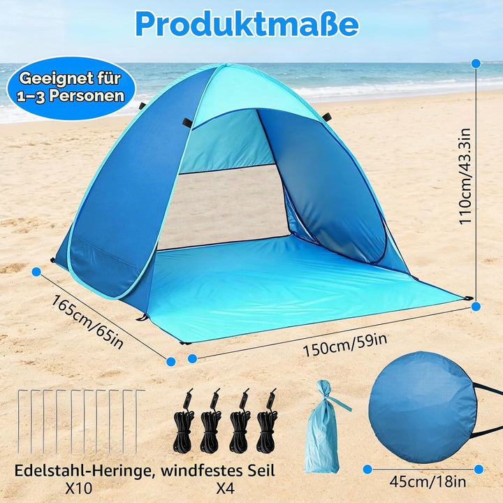 Pop Up Strandmuschel, UPF 50+, Windschutz Strand, Strandzelt für 1-3 Personen, inkl. Tragetasche und