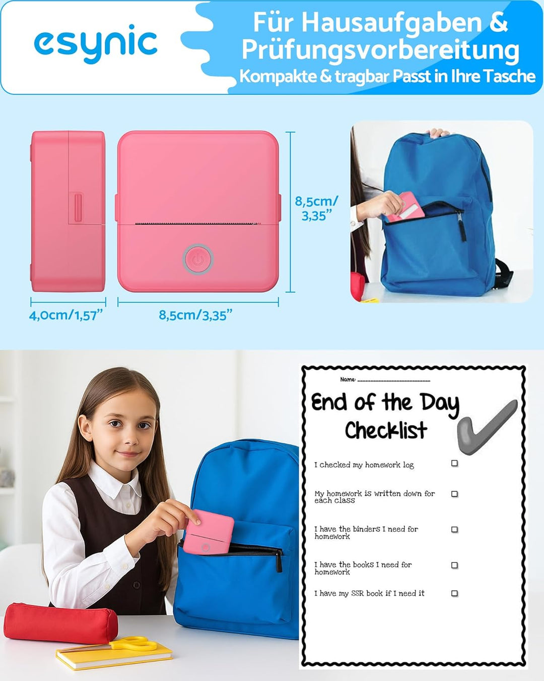 eSynic Mini Drucker – 200 DPI Thermodrucker Bluetooth Drucker für Smartphone, Kompakt und Tragbar, K