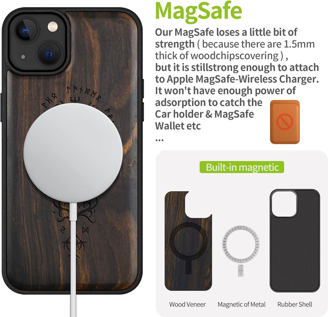 Carveit Magnetisch Hülle für iPhone 14 Plus [Elegante Schwarzholz] [Weich TPU Stossstange] Stossfest